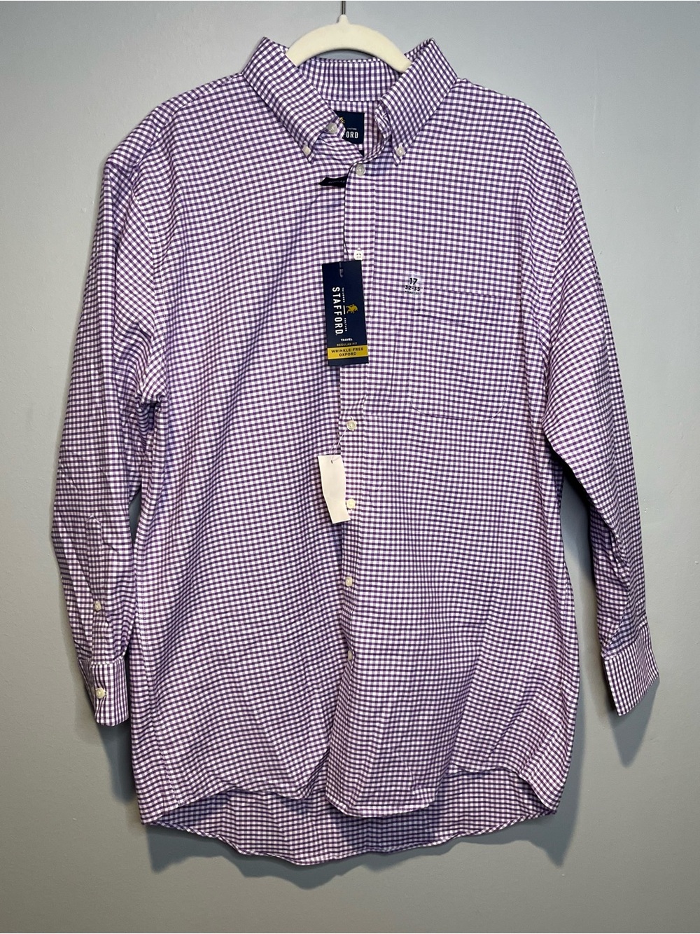 Stafford Shirt Mens 17 32-33 Purple Check Travel Fitted Button Up NWT